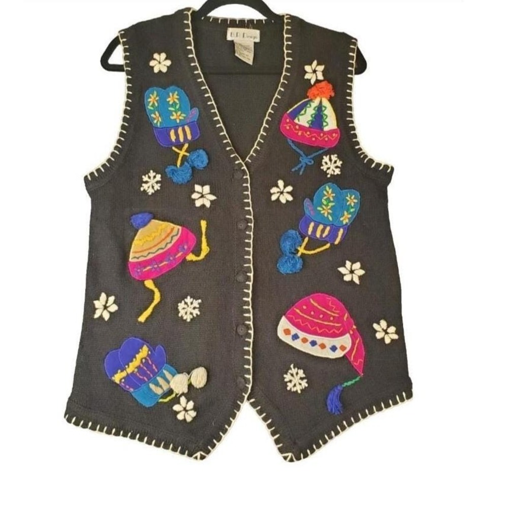 Vintage B.P. Design Winter‎ Holiday Festive Knit Sweater Vest Hats Mittens Sz S